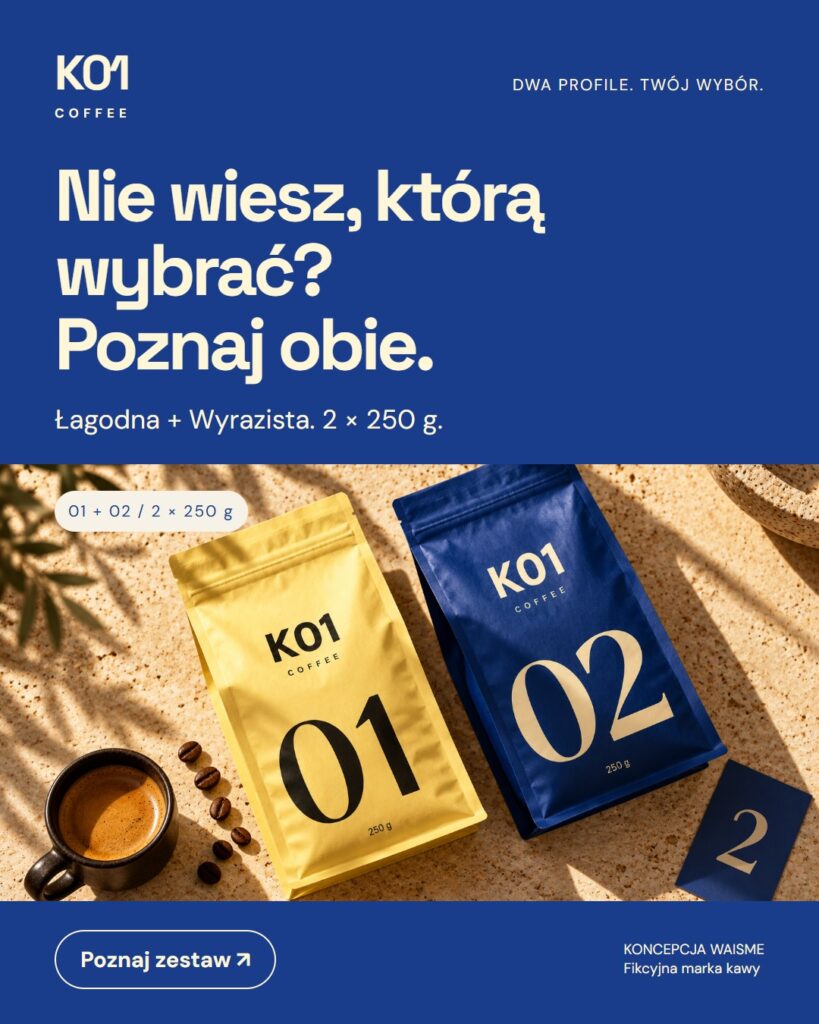 Koncepcja K01 Coffee: Nie wiesz, którą wybrać? Poznaj obie.. Dwa opakowania po 250 g, oznaczone 01 i 02.