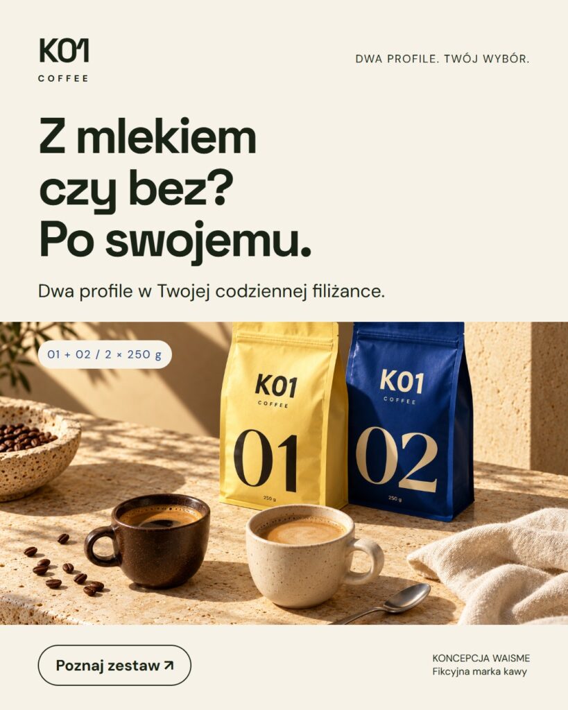 Koncepcja K01 Coffee: Z mlekiem czy bez? Po swojemu.. Dwa opakowania po 250 g, oznaczone 01 i 02.