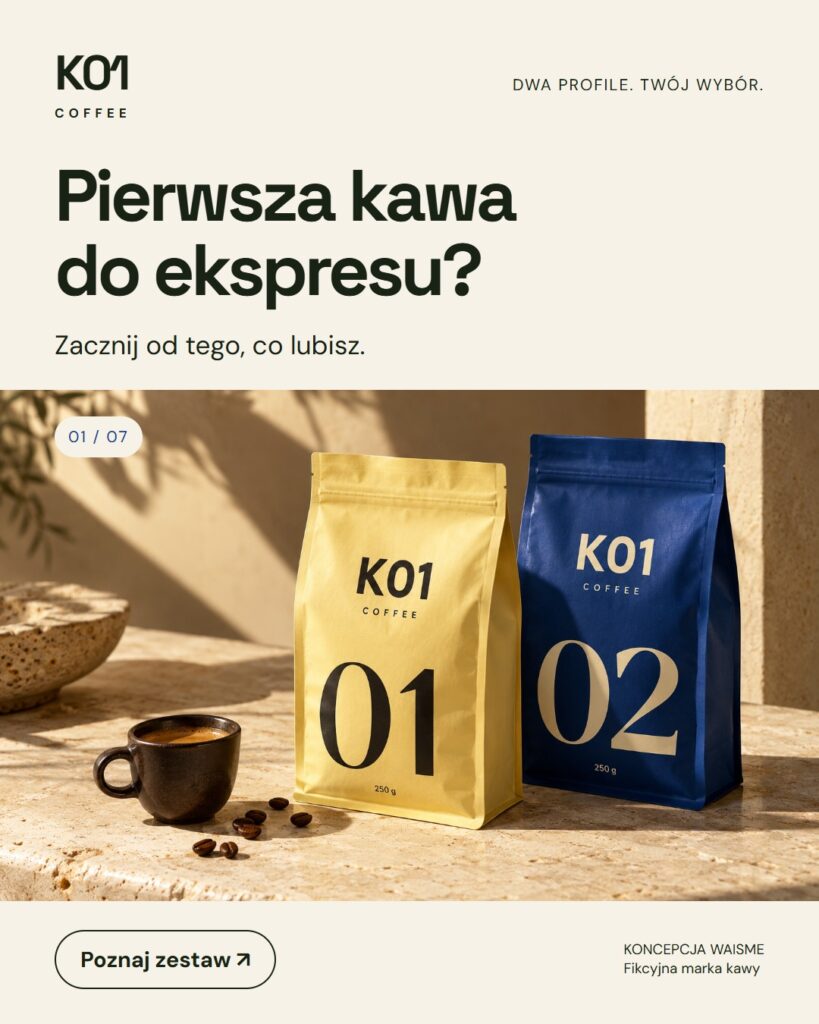 Koncepcja K01 Coffee: Pierwsza kawa do ekspresu?. Dwa opakowania po 250 g, oznaczone 01 i 02.
