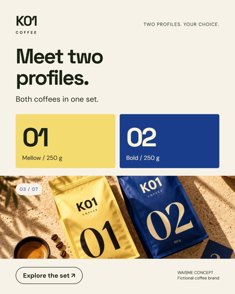 K01 Coffee concept: Meet two profiles.. Two 250 g bags, numbered 01 and 02.