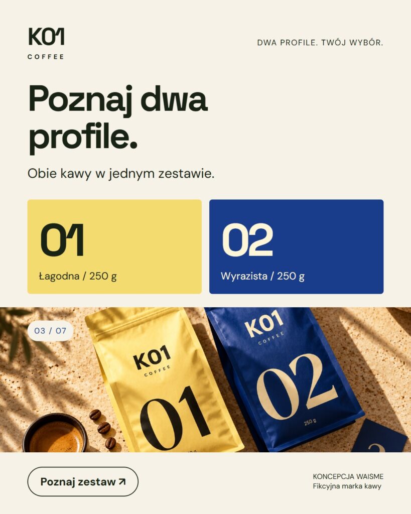 Koncepcja K01 Coffee: Poznaj dwa profile.. Dwa opakowania po 250 g, oznaczone 01 i 02.