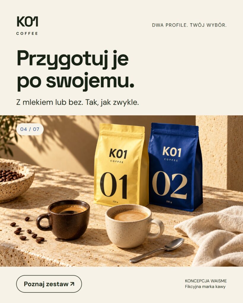 Koncepcja K01 Coffee: Przygotuj je po swojemu.. Dwa opakowania po 250 g, oznaczone 01 i 02.