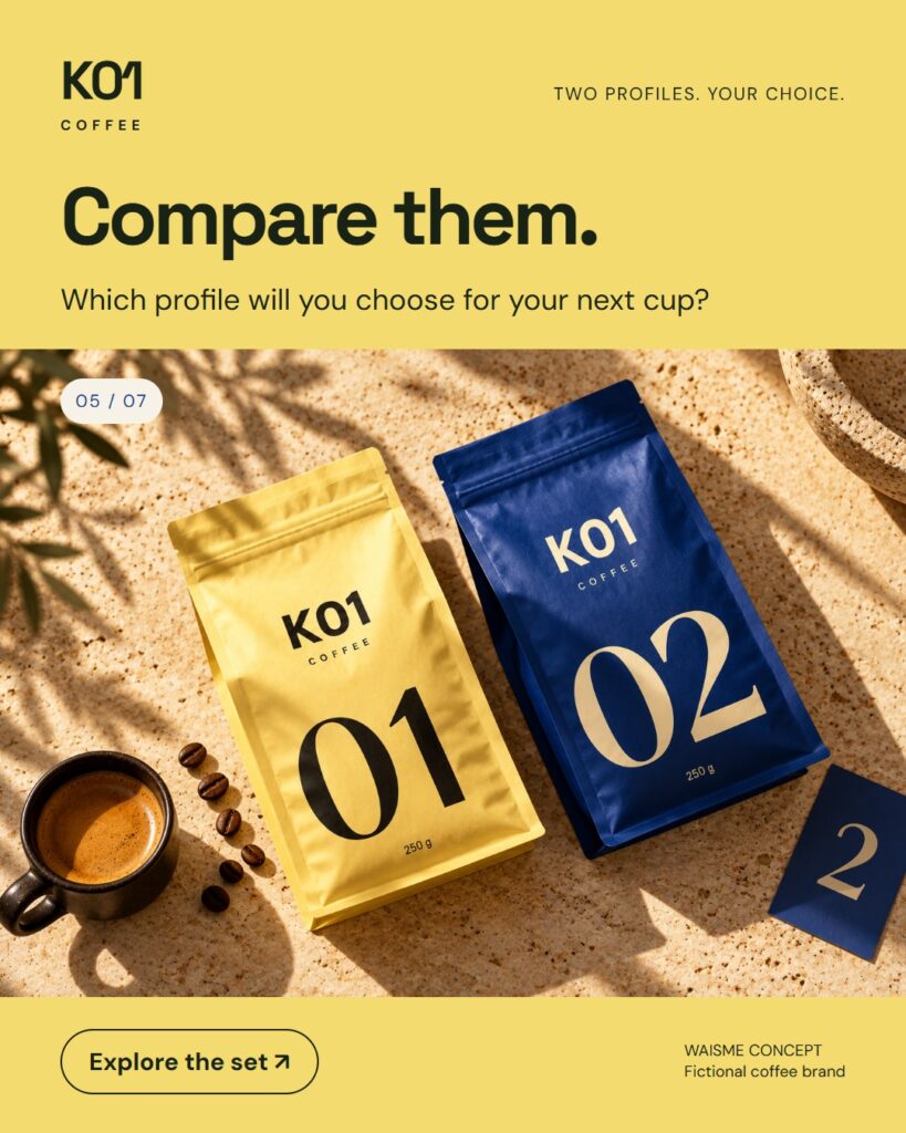 K01 Coffee concept: Compare them.. Two 250 g bags, numbered 01 and 02.