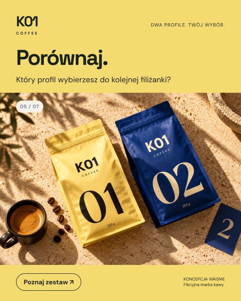 Koncepcja K01 Coffee: Porównaj.. Dwa opakowania po 250 g, oznaczone 01 i 02.