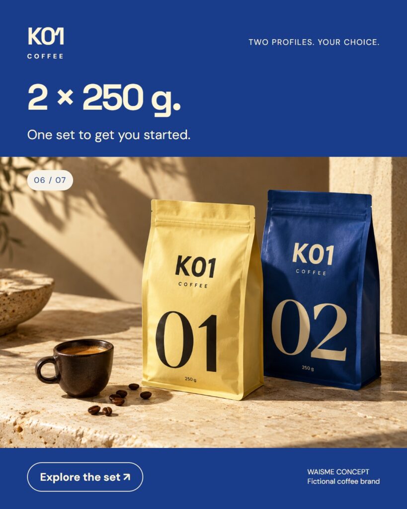 K01 Coffee concept: 2 × 250 g.. Two 250 g bags, numbered 01 and 02.