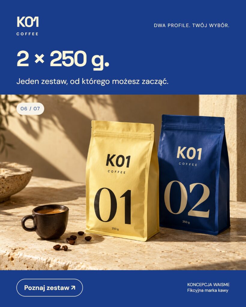 Koncepcja K01 Coffee: 2 × 250 g.. Dwa opakowania po 250 g, oznaczone 01 i 02.