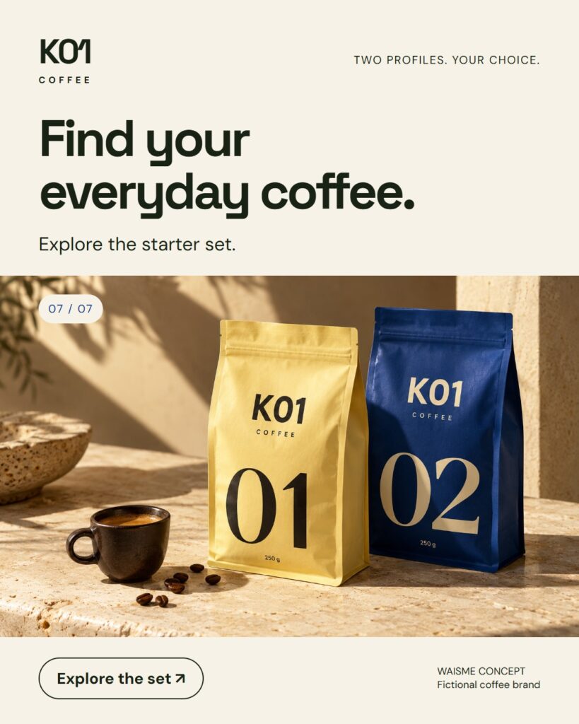K01 Coffee concept: Find your everyday coffee.. Two 250 g bags, numbered 01 and 02.