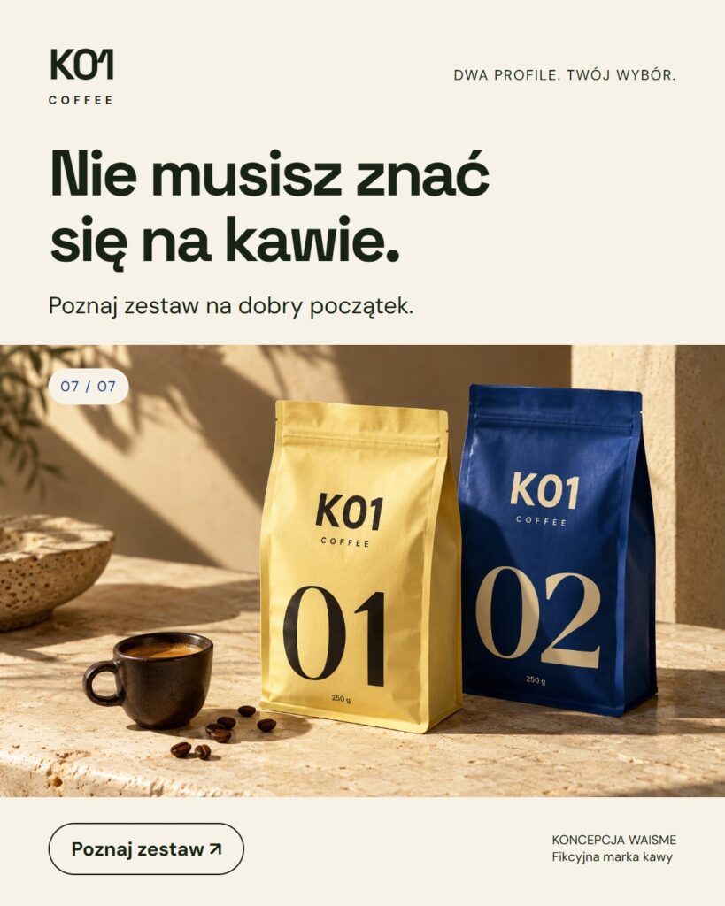 Koncepcja K01 Coffee: Nie musisz znać się na kawie.. Dwa opakowania po 250 g, oznaczone 01 i 02.