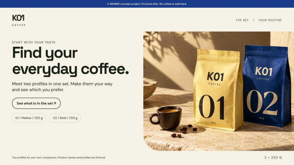 K01 Coffee concept: Find your everyday coffee.. Two 250 g bags, numbered 01 and 02.