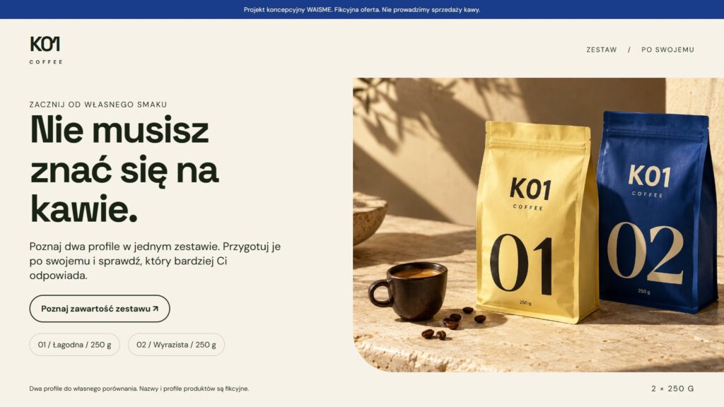 Koncepcja K01 Coffee: Nie musisz znać się na kawie.. Dwa opakowania po 250 g, oznaczone 01 i 02.