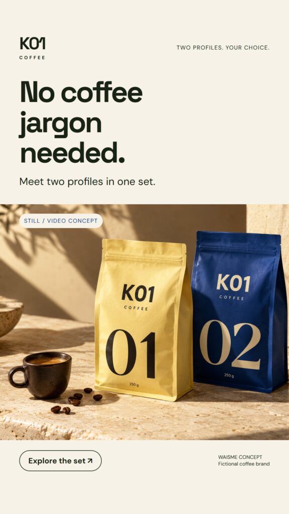 K01 Coffee concept: No coffee jargon needed.. Two 250 g bags, numbered 01 and 02.