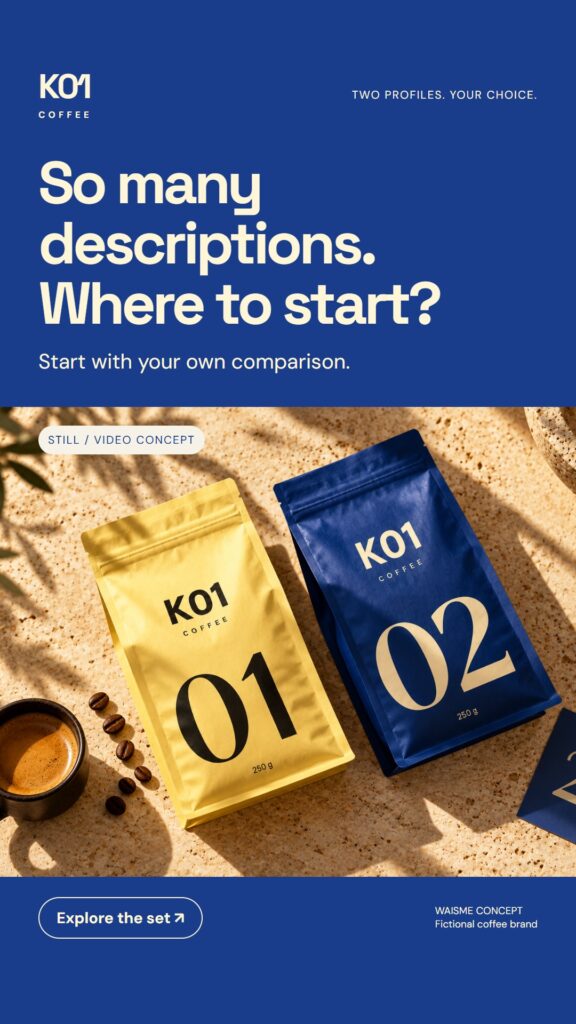 K01 Coffee concept: So many descriptions. Where to start?. Two 250 g bags, numbered 01 and 02.