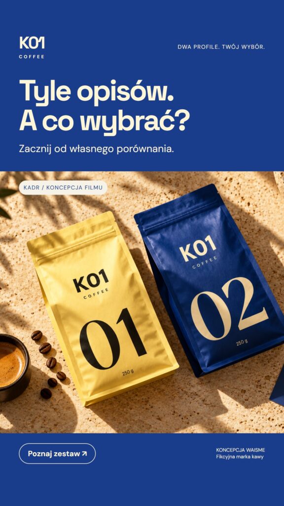 Koncepcja K01 Coffee: Tyle opisów. A co wybrać?. Dwa opakowania po 250 g, oznaczone 01 i 02.