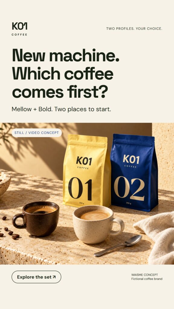K01 Coffee concept: New machine. Which coffee comes first?. Two 250 g bags, numbered 01 and 02.
