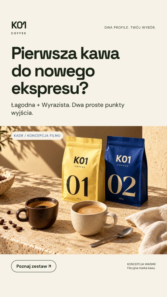 Koncepcja K01 Coffee: Pierwsza kawa do nowego ekspresu?. Dwa opakowania po 250 g, oznaczone 01 i 02.