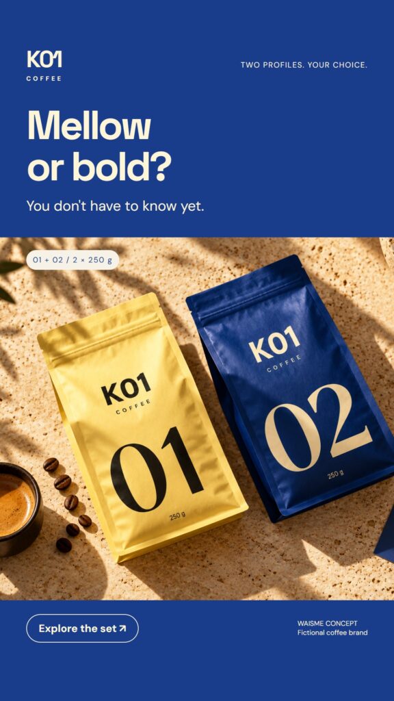 K01 Coffee concept: Mellow or bold?. Two 250 g bags, numbered 01 and 02.