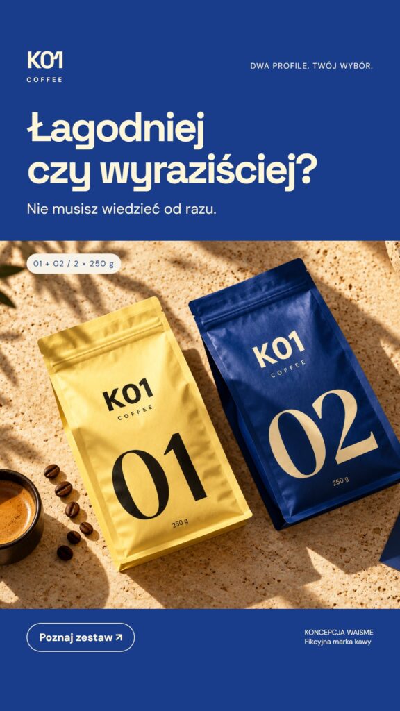 Koncepcja K01 Coffee: Łagodniej czy wyraziściej?. Dwa opakowania po 250 g, oznaczone 01 i 02.