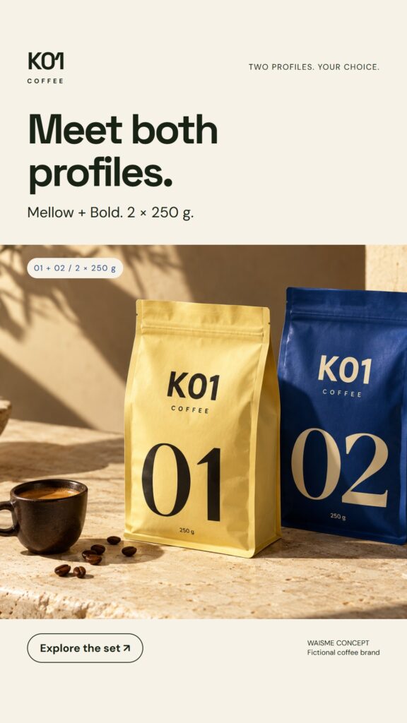 K01 Coffee concept: Meet both profiles.. Two 250 g bags, numbered 01 and 02.