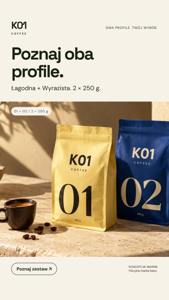 Koncepcja K01 Coffee: Poznaj oba profile.. Dwa opakowania po 250 g, oznaczone 01 i 02.