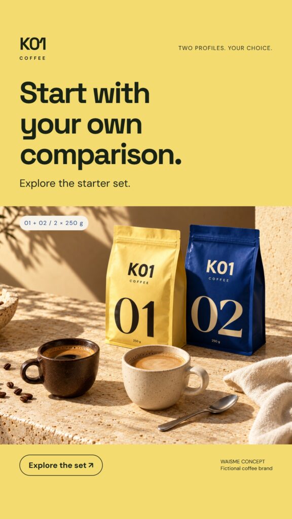K01 Coffee concept: Start with your own comparison.. Two 250 g bags, numbered 01 and 02.
