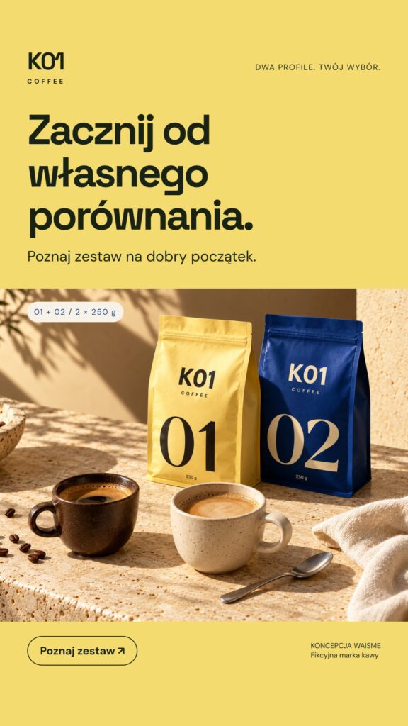 Koncepcja K01 Coffee: Zacznij od własnego porównania.. Dwa opakowania po 250 g, oznaczone 01 i 02.