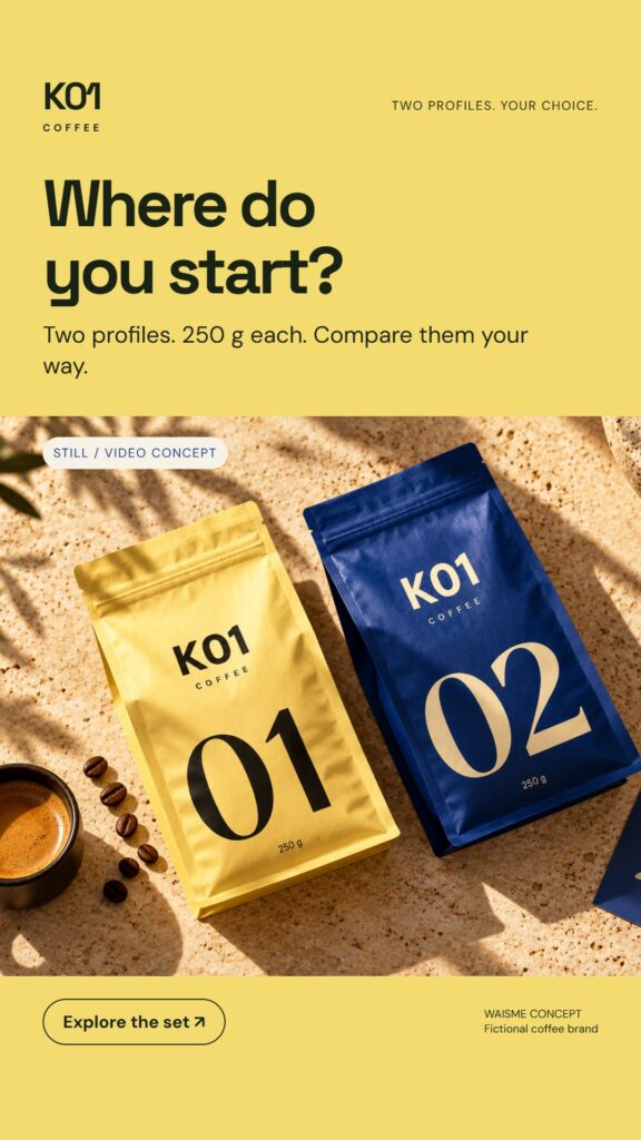 K01 Coffee concept: Where do you start?. Two 250 g bags, numbered 01 and 02.