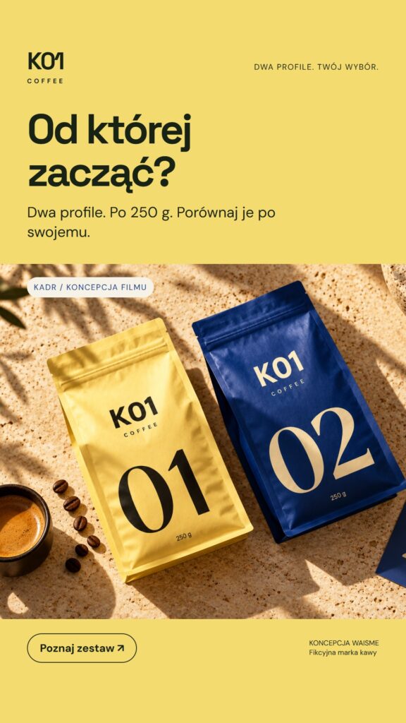 Koncepcja K01 Coffee: Od której zacząć?. Dwa opakowania po 250 g, oznaczone 01 i 02.
