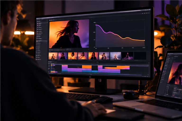 An editor reviewing a video and a conceptual viewing graph