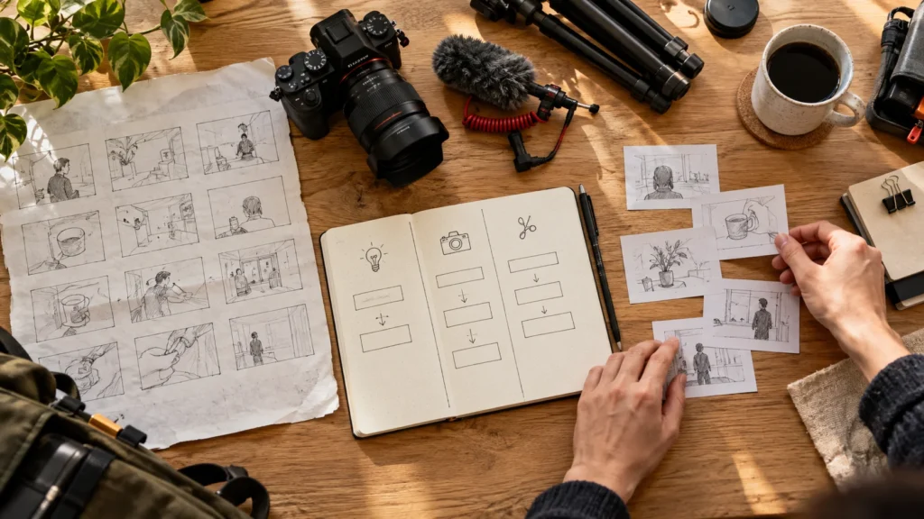A storyboard, camera and microphone arranged for short-video production planning.