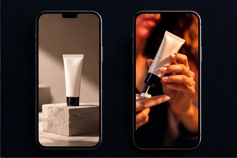 Two concept shots of a cosmetic product for a vertical video