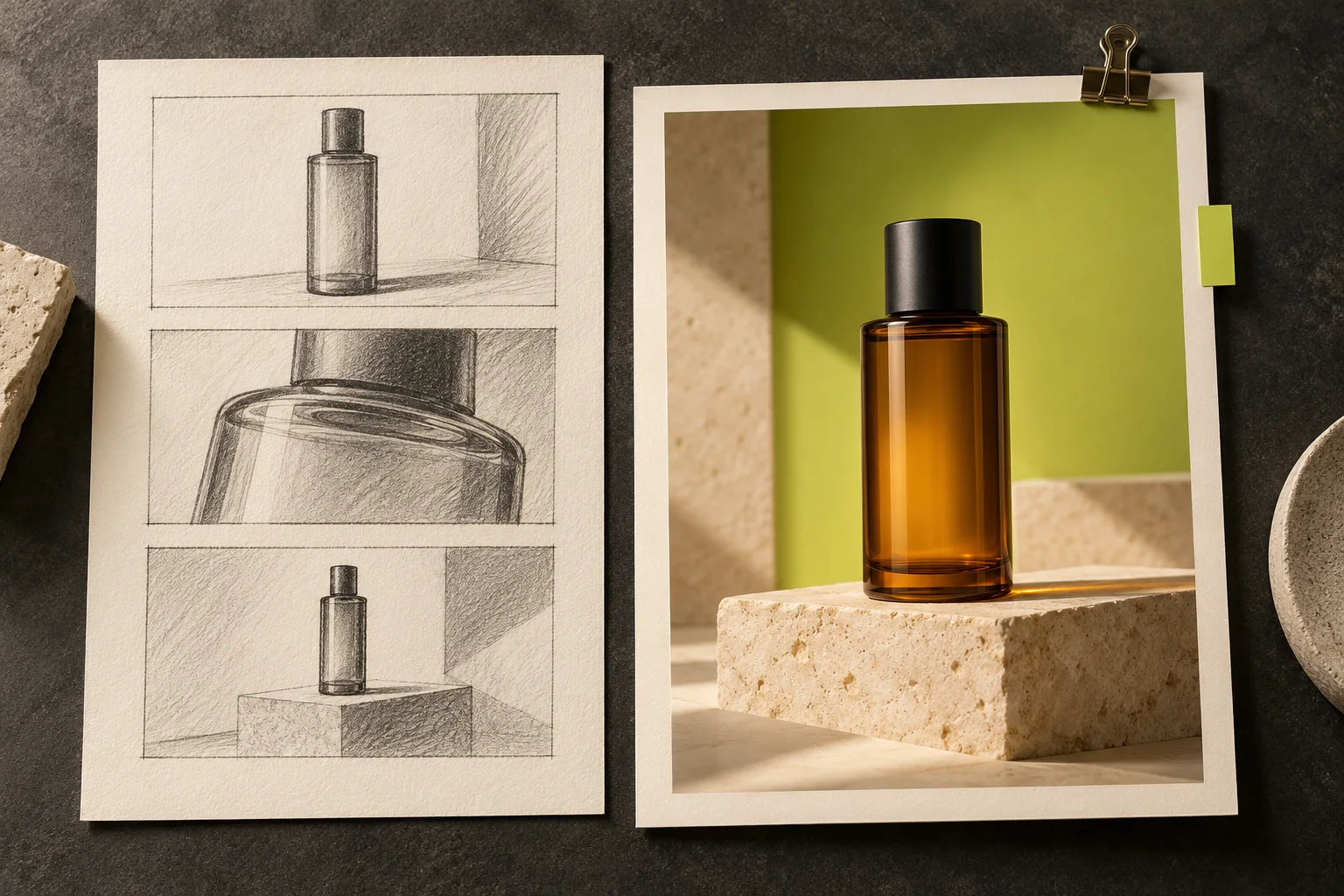 A paper storyboard with three bottle sketches beside a refined product composition on a stone pedestal
