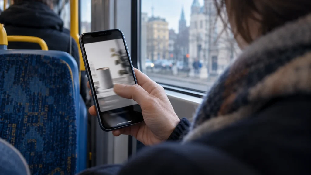 Osoba w tramwaju przewija krótki film na telefonie.
