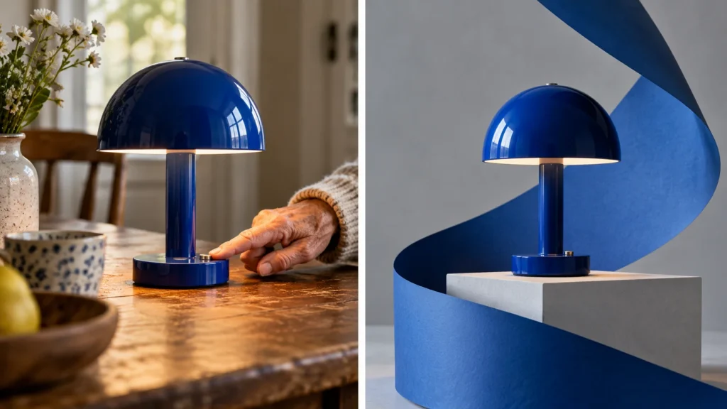 Niebieska lampa w domowej demonstracji przycisku i w koncepcyjnej scenografii reklamowej.